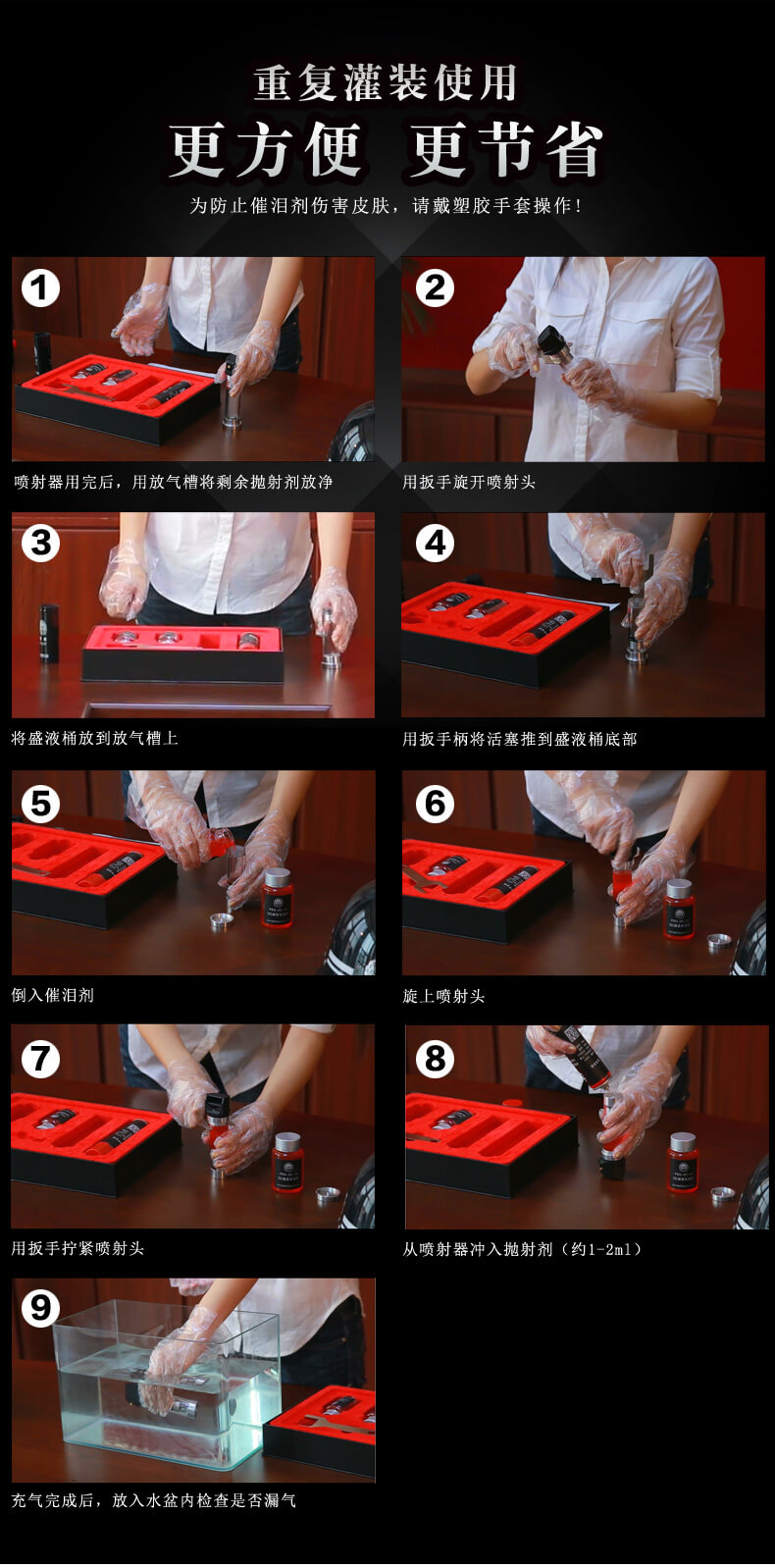 催泪辣椒喷雾剂全套配件及工具展示图 防狼喷雾剂套装含催泪剂、抛射剂及工具全套展示